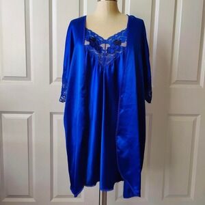 Vintage 80s 2 Pc Lingerie Slip Dress Matching Robe Cobalt Blue Val Mode USA Med